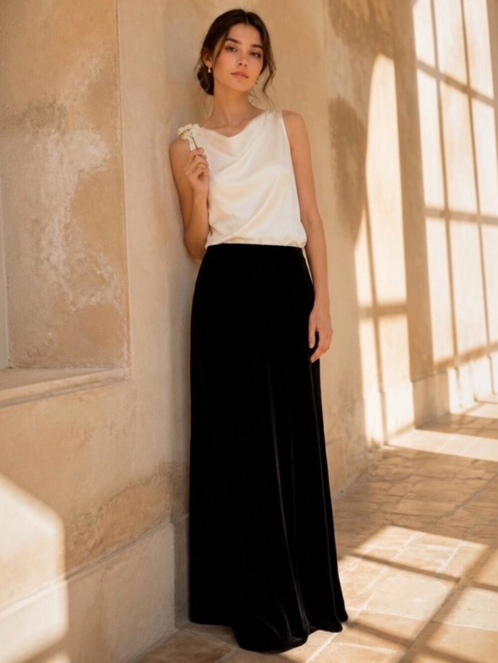 Vintage Y2K Bruno Duluc Black Velvet Maxi Skirt M Stretch Minimalist Whimsigoth